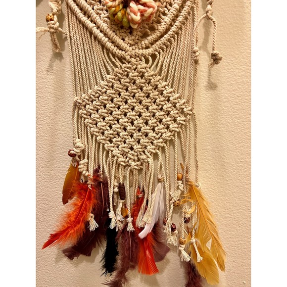 Fall Vibes Wall Hanging w/ feathers and flower | Boho home decor Rustic Tapestry - Picture 4 of 6
